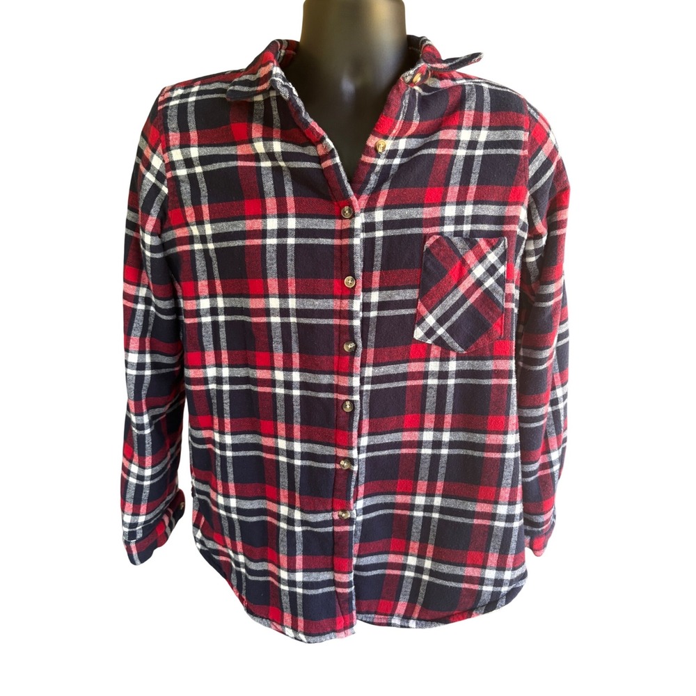 Ambiance Womens Plaid Flannel Sherpa Lined Shirt Jacket Red Navy White Large